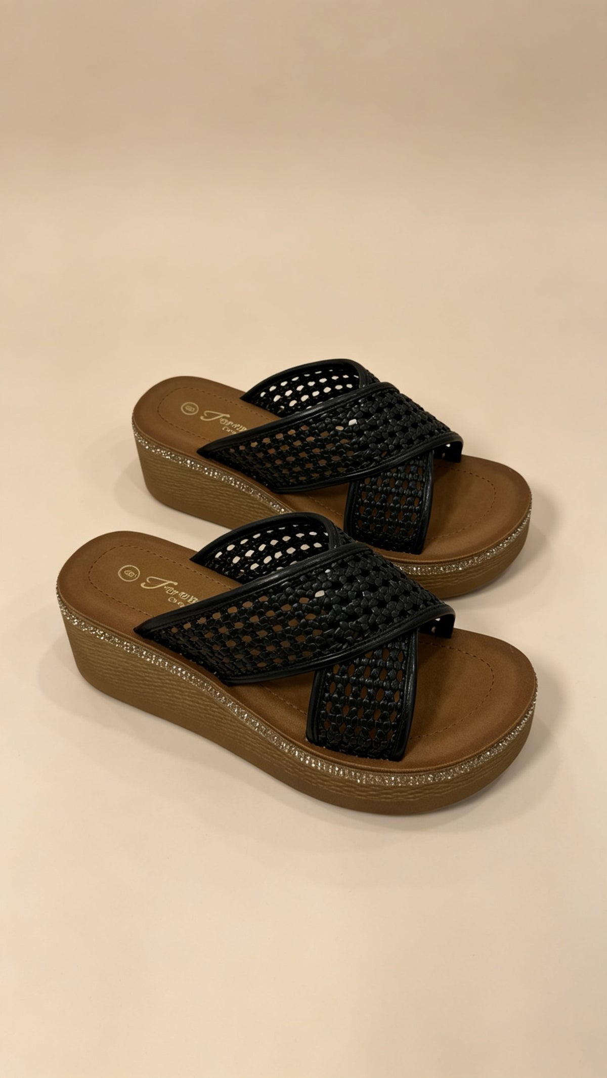 Black Woven Crossover Platform Slides