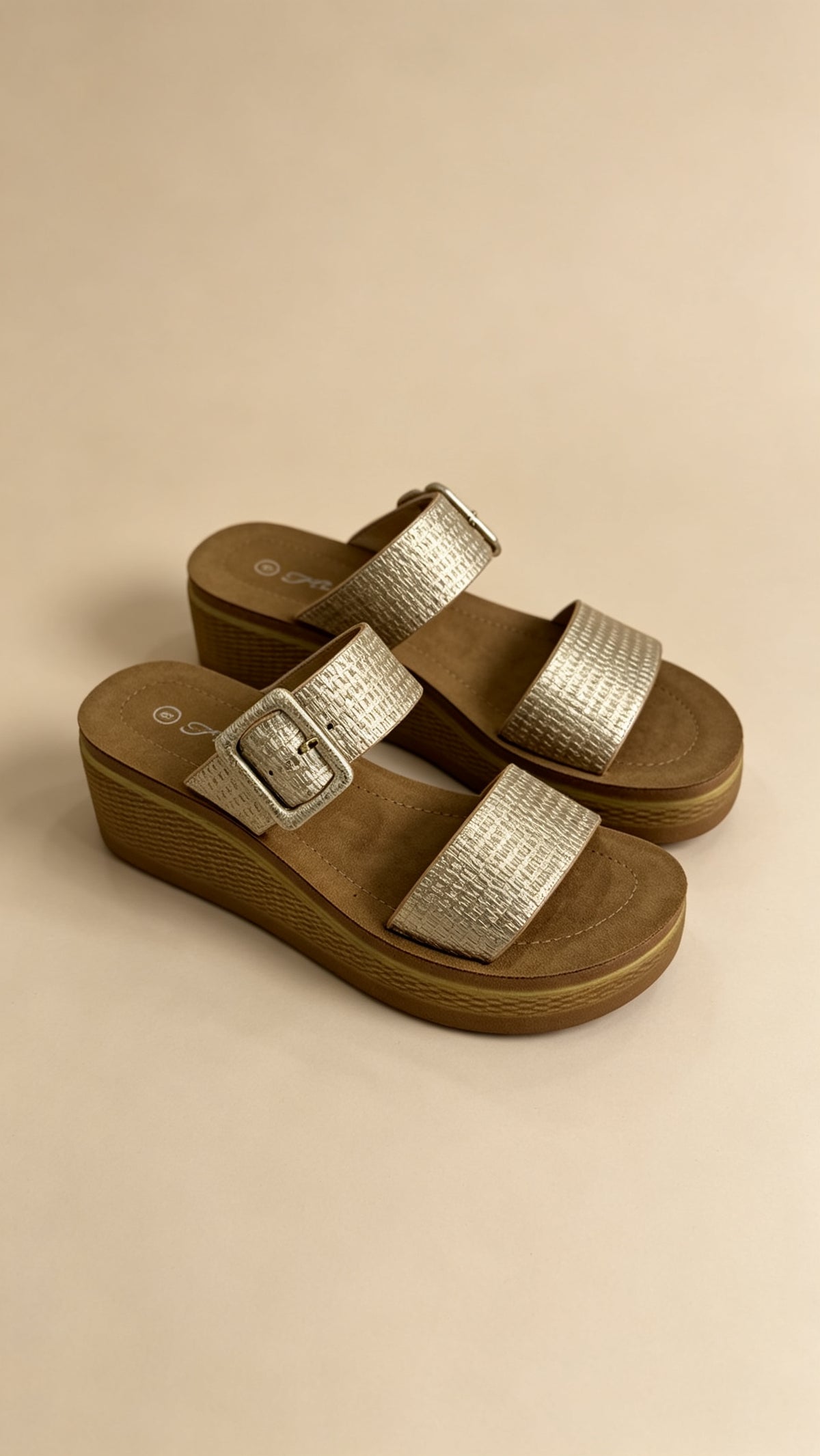 Gold Double-Strap Buckle Platform Slides