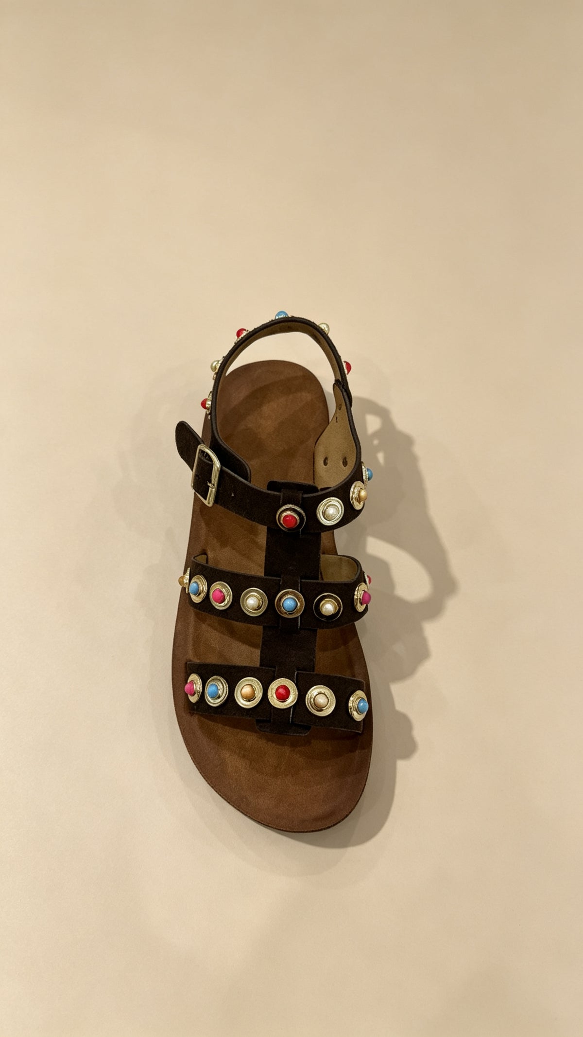 Black Multicolor Studded T-Strap Sandals