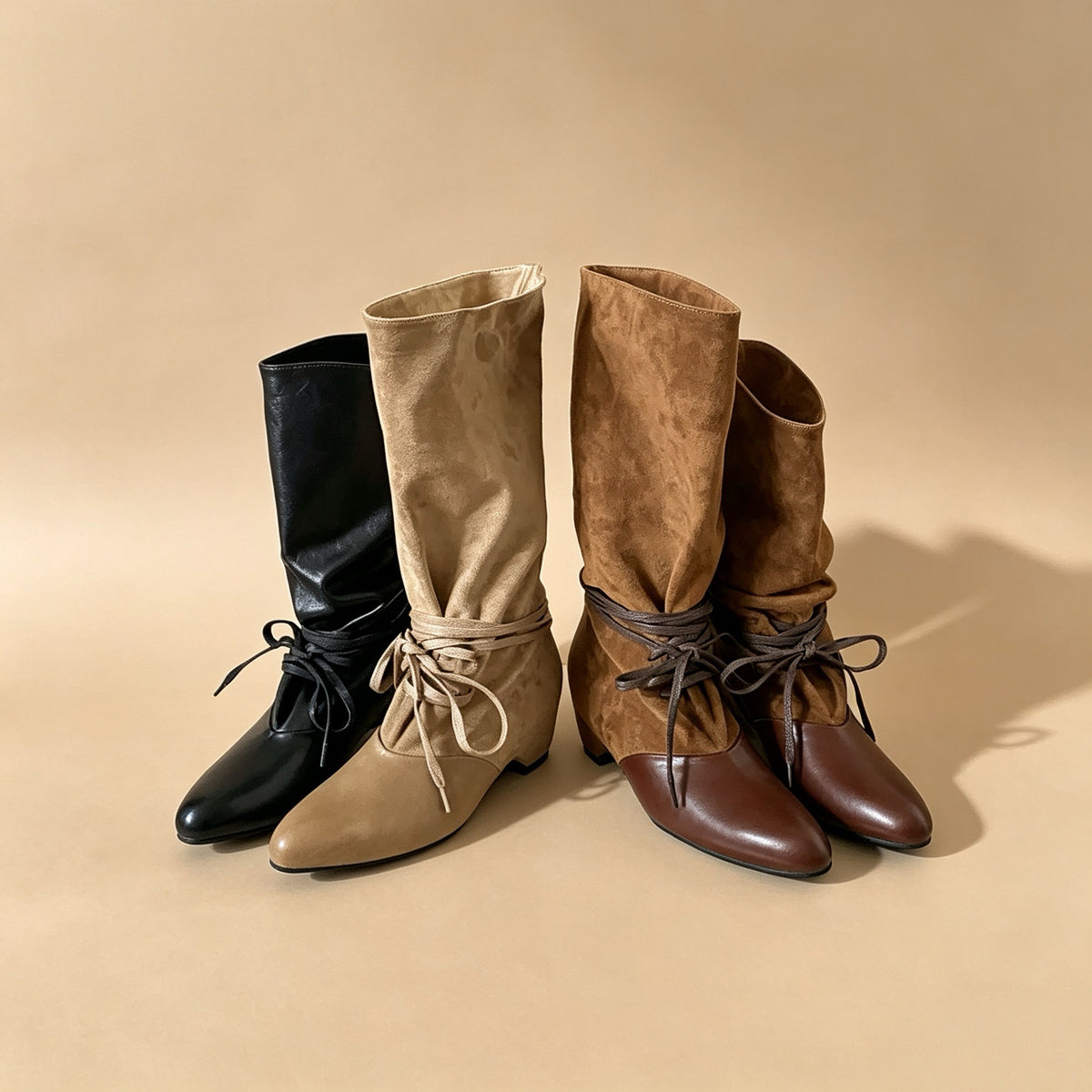 Ruched Lace-Up Ankle Boots — 3 Colors