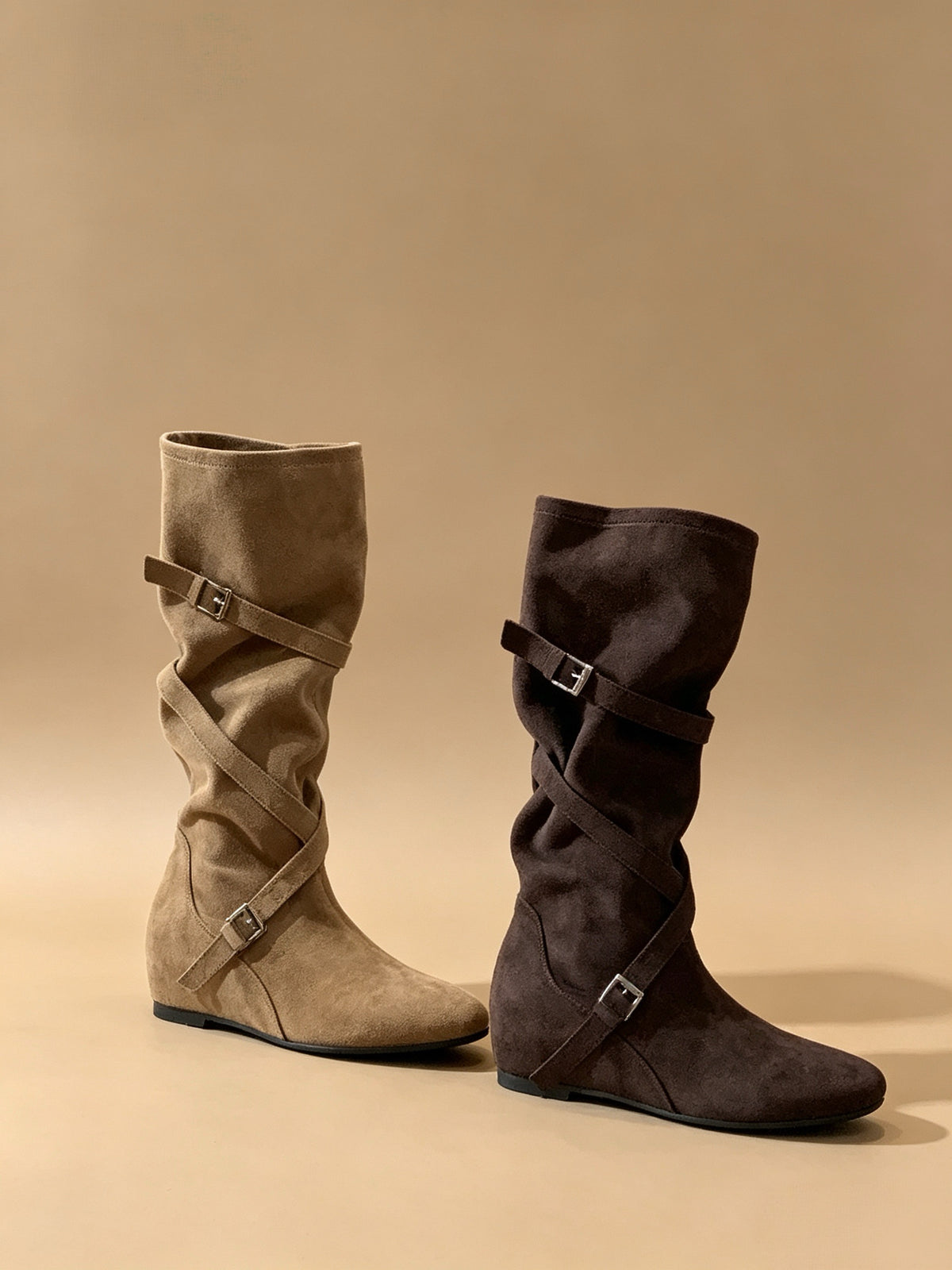 Slouchy Suede Tall Boots with Strap — 2 Colors