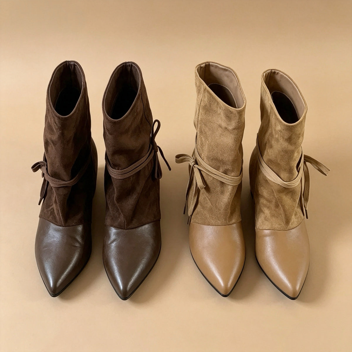 Pointed-Toe Ruched Bow Ankle Boots — 2 Colors