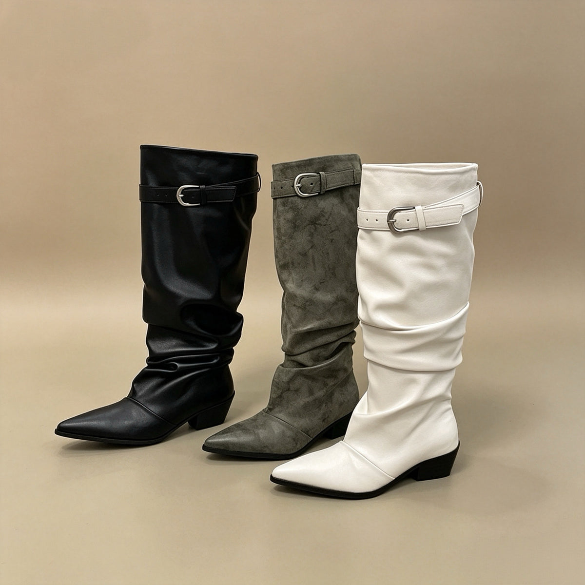 Pointed-Toe Buckle Slouchy Tall Boots — 3 Colors