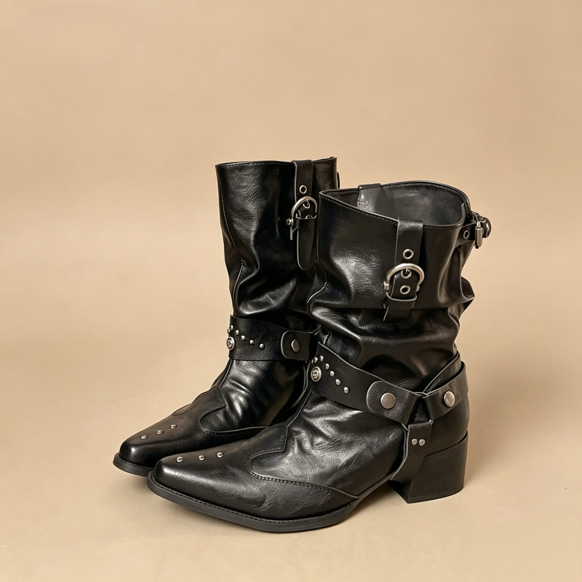 Studded Buckle Mid-Calf Boots — Black