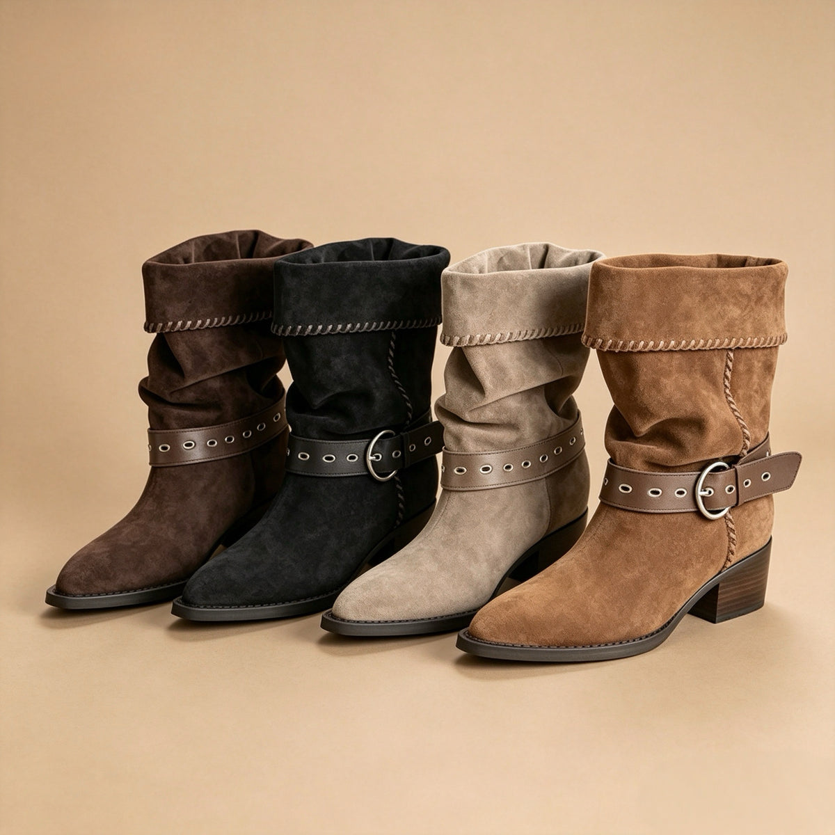 Buckle Strap Slouchy Mid-Calf Boots — 4 Colors