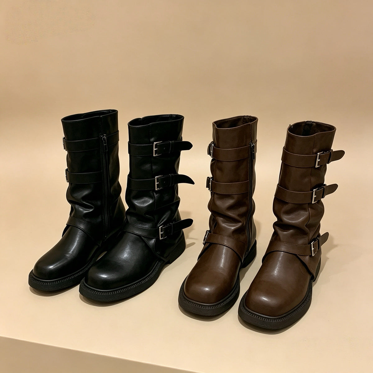 Multi-Buckle Mid-Calf Boots — 2 Colors