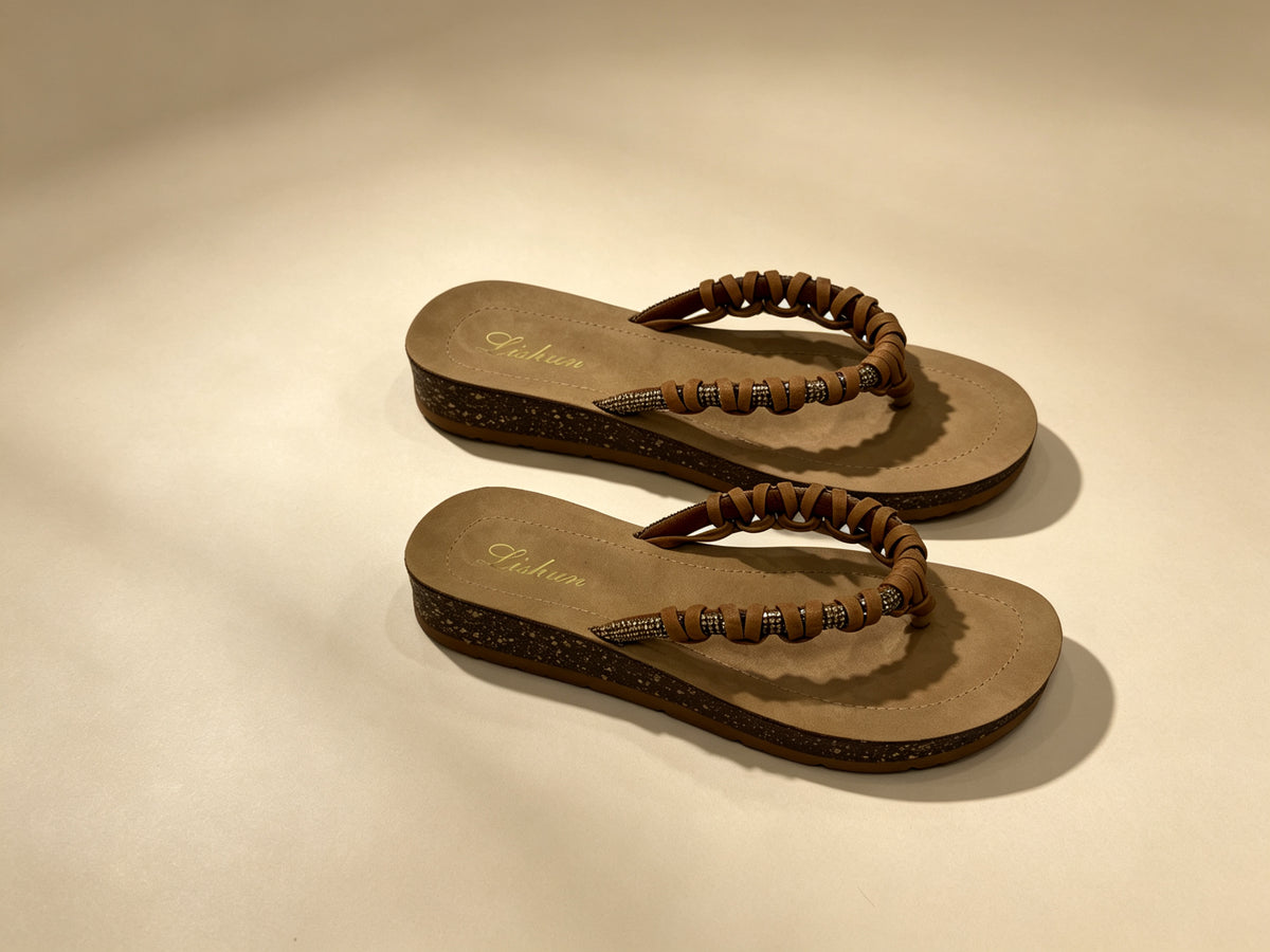 Brown Toe-Post Platform Slippers